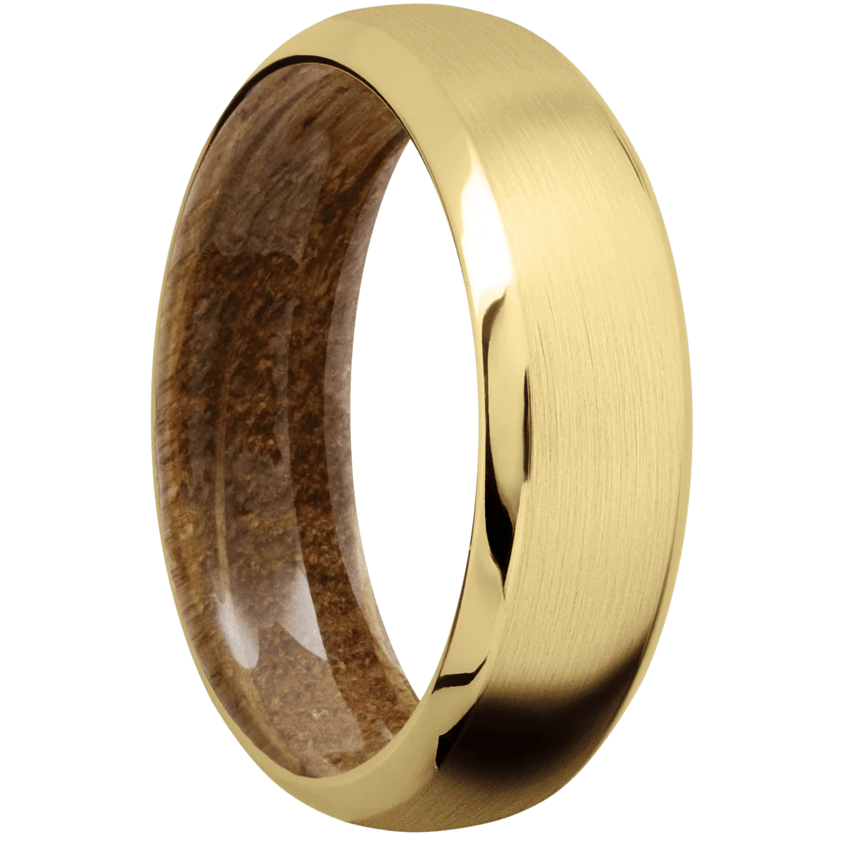 14K Yellow Gold + Satin , Polish Finish + Whiskey Barrel