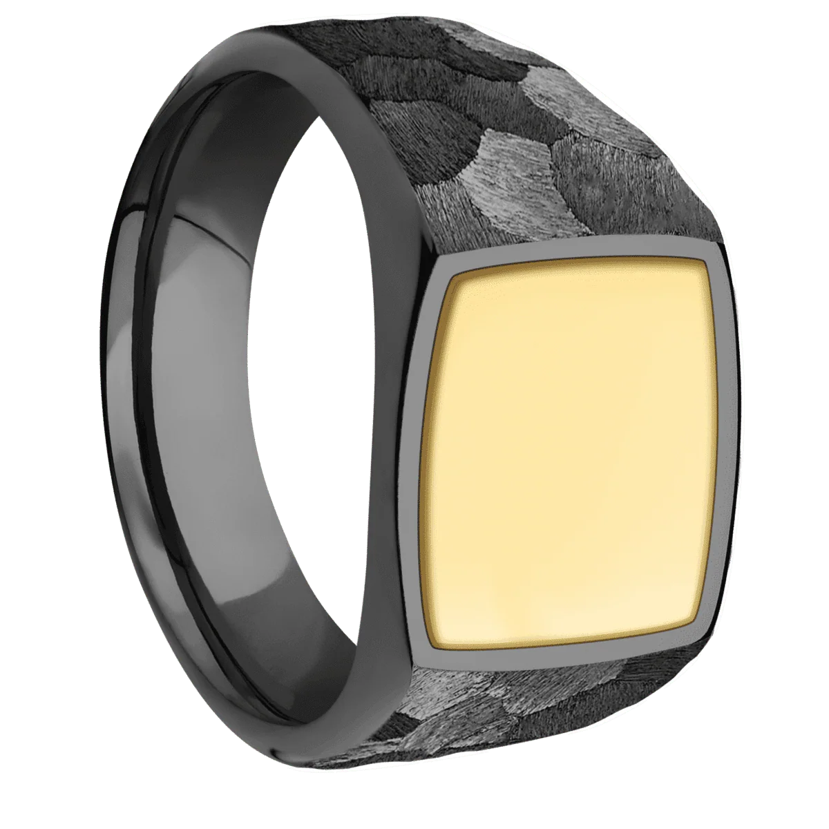 Medium Cushion signet ring (14x14mm) in Zirconium, with a Wide style band, a 14K Yellow Gold inlay.