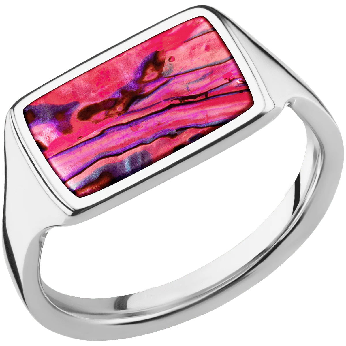 Medium Horizontal Rectangle signet ring (16x11.5mm) in 14K White Gold, with a Thin style band, a Pink Abalone inlay. - Image 2