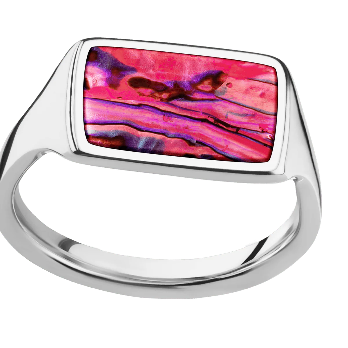 Medium Horizontal Rectangle signet ring (16x11.5mm) in 14K White Gold, with a Thin style band, a Pink Abalone inlay. - Image 3
