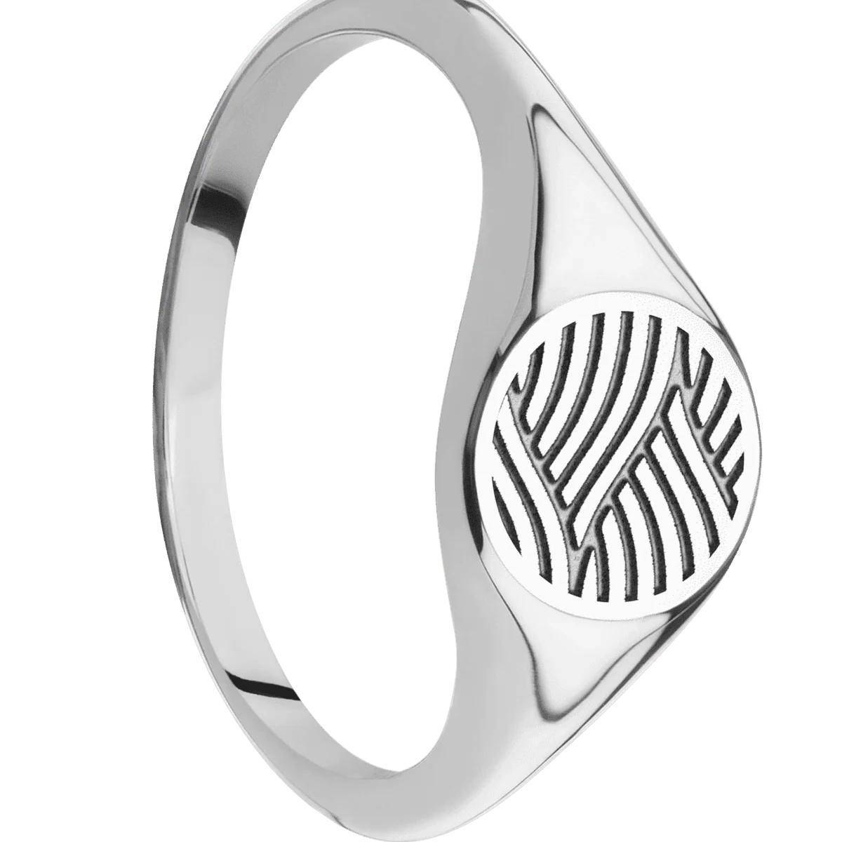 Small Circle signet ring (10mm) in 14K White Gold, with a Thin style band and a Navigator Rev engraving.