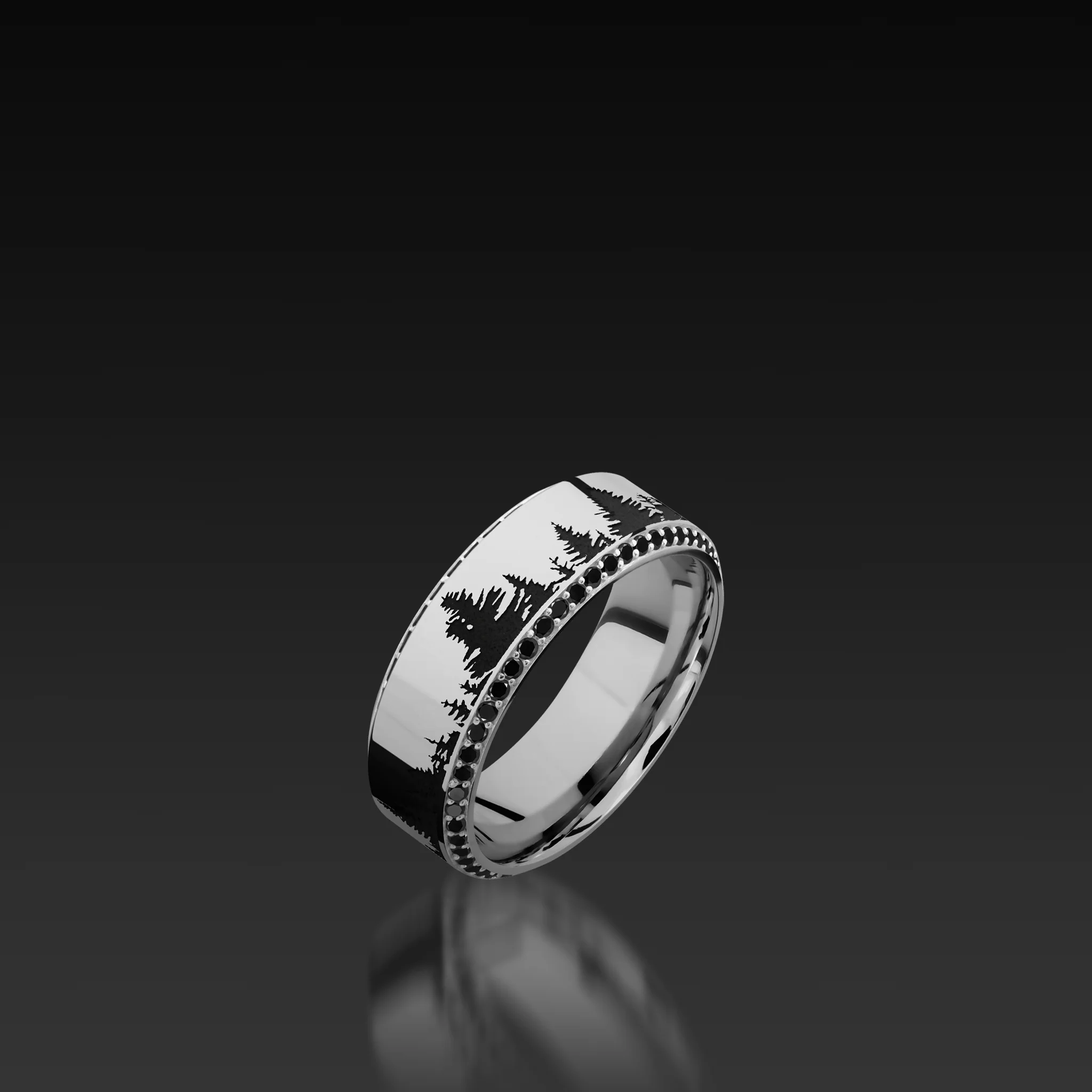 White Gold Wide High Bevel Band with laser carved Trees Pattern